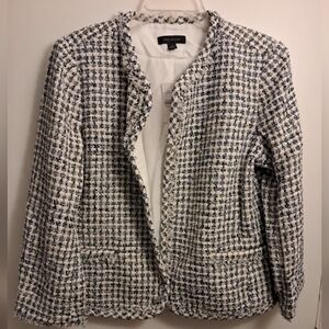 Women's Ann Taylor Blue White Shimmer Fringed Tweed Jacket size 16.